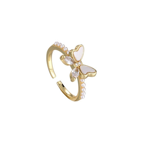 Gold Pearl Butterfly Charm Ring