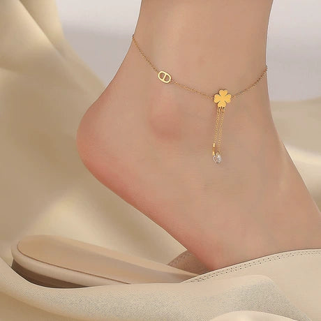 Dainty Gold Plated Lucky Charm Anklet with Clover, Star, and Crystal Dangles