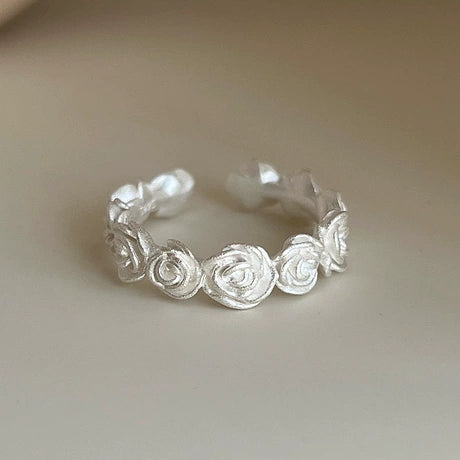 Vintage Brushed Silver Open Band Flower Ring