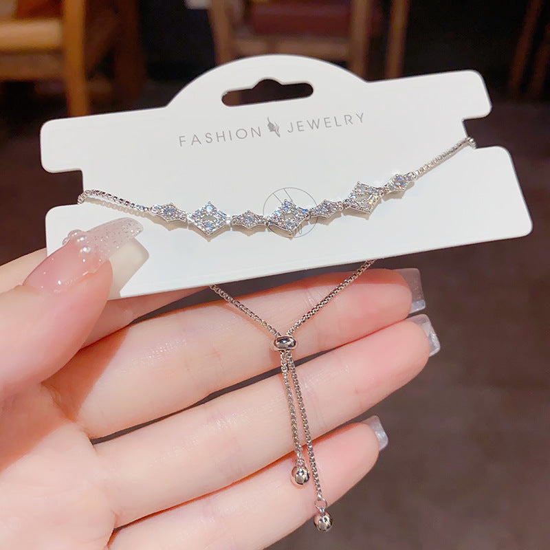 Silver-colored zircon rhombus bracelet (thickened with real gold plating)