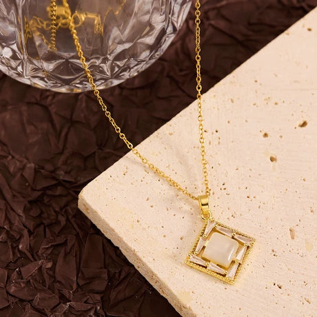 Gold Plated Vintage Square Moonstone Pendant Necklace Elegant Geometric Crystal Halo Art Deco Inspired Jewelry for Women Luxury Gift