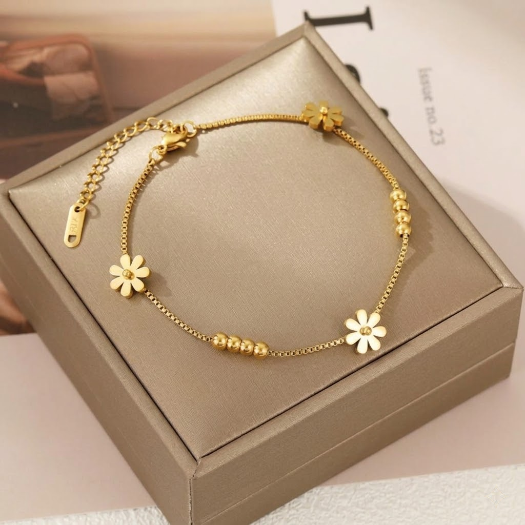 Gold Flower and Beads Charm Anklet