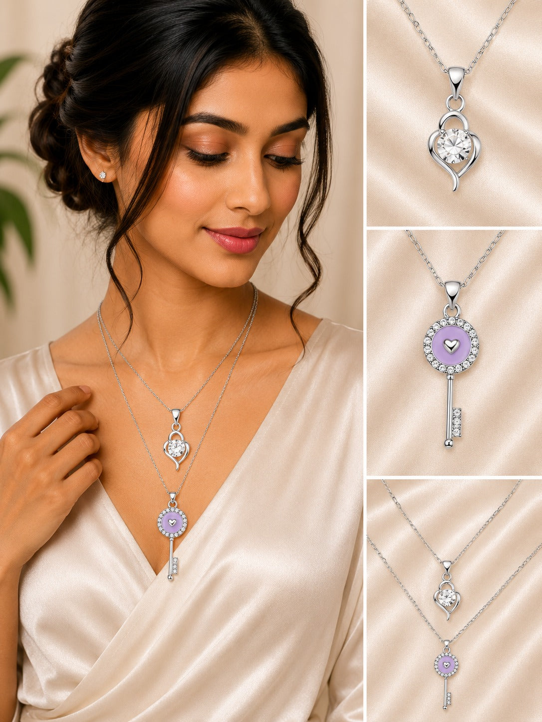 Elegant layered silver necklace with a solitaire heart crystal pendant and lavender purple enamel key charm.