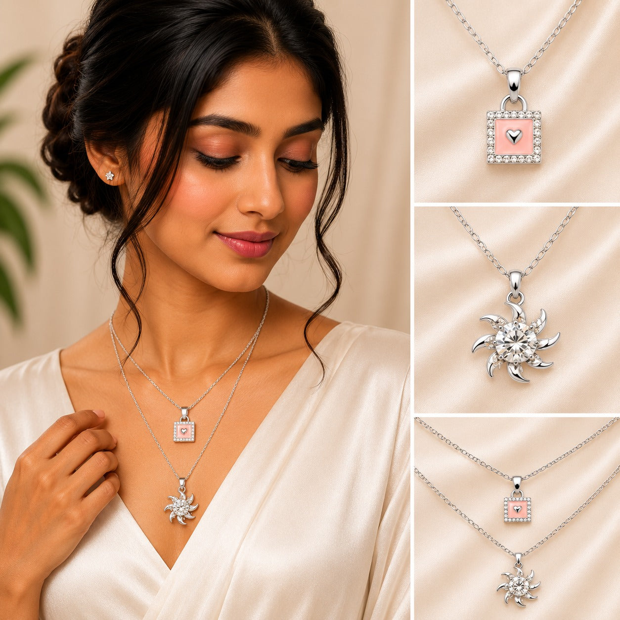 Royal lock and sparkle layered necklace in silver with black enamel heart padlock charm and open heart crystal pendant.