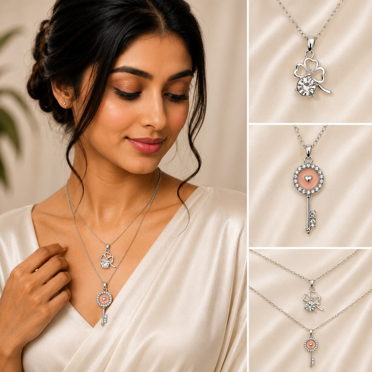 Premium layered silver chain with a sparkling four leaf clover crystal and peach pink heart key pendant.