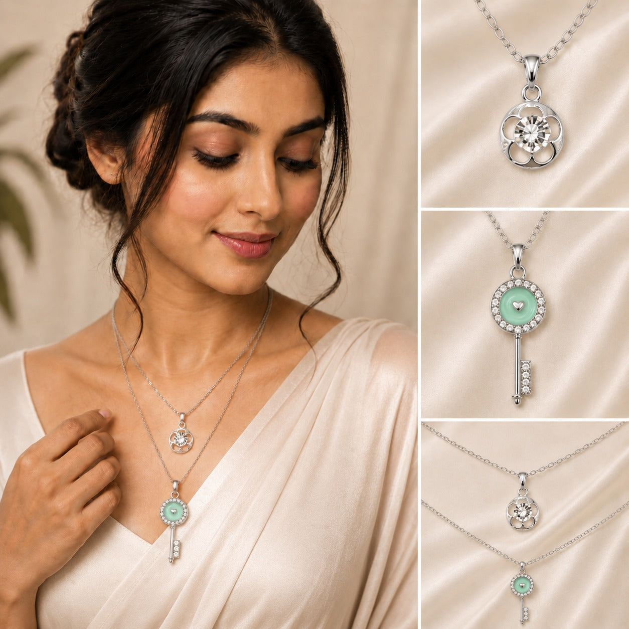 Double layer silver necklace with a crystal floral pendant and mint green enamel heart key charm.