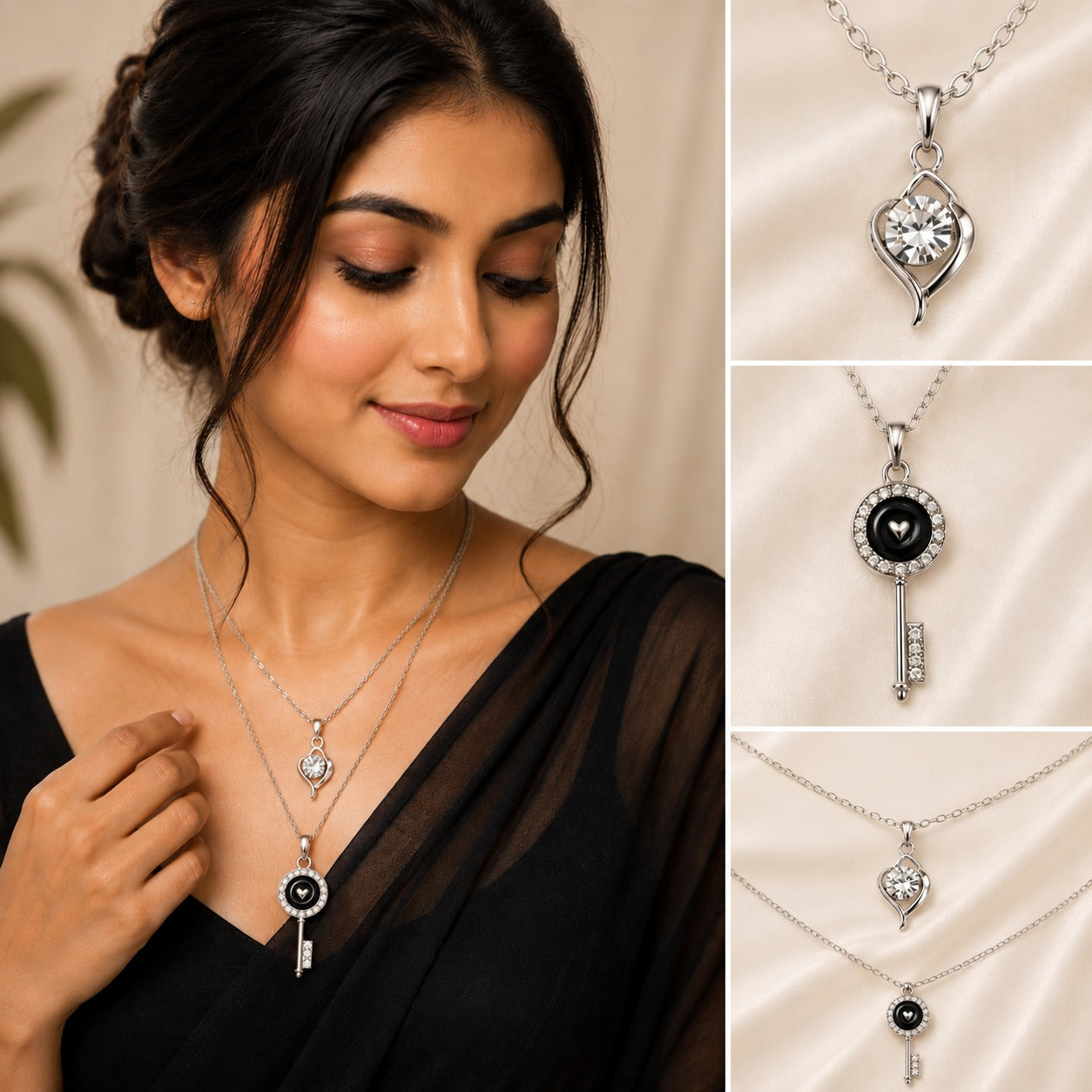 Monochrome Romance Double Layered Silver Necklace with Heart Key Pendant worn by a model.