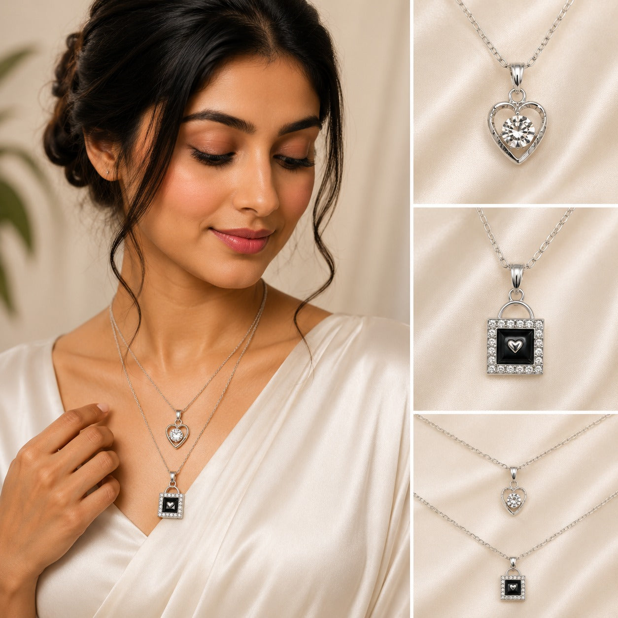 Premium silver finish double layer necklace with a round floral crystal pendant and solitaire crystal drop.