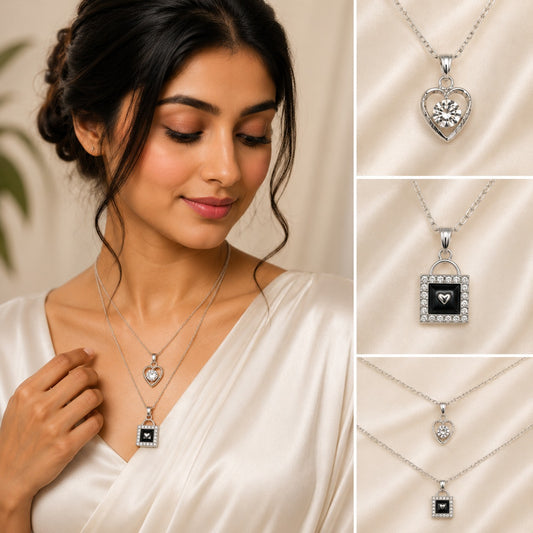Premium silver finish double layer necklace with a round floral crystal pendant and solitaire crystal drop.