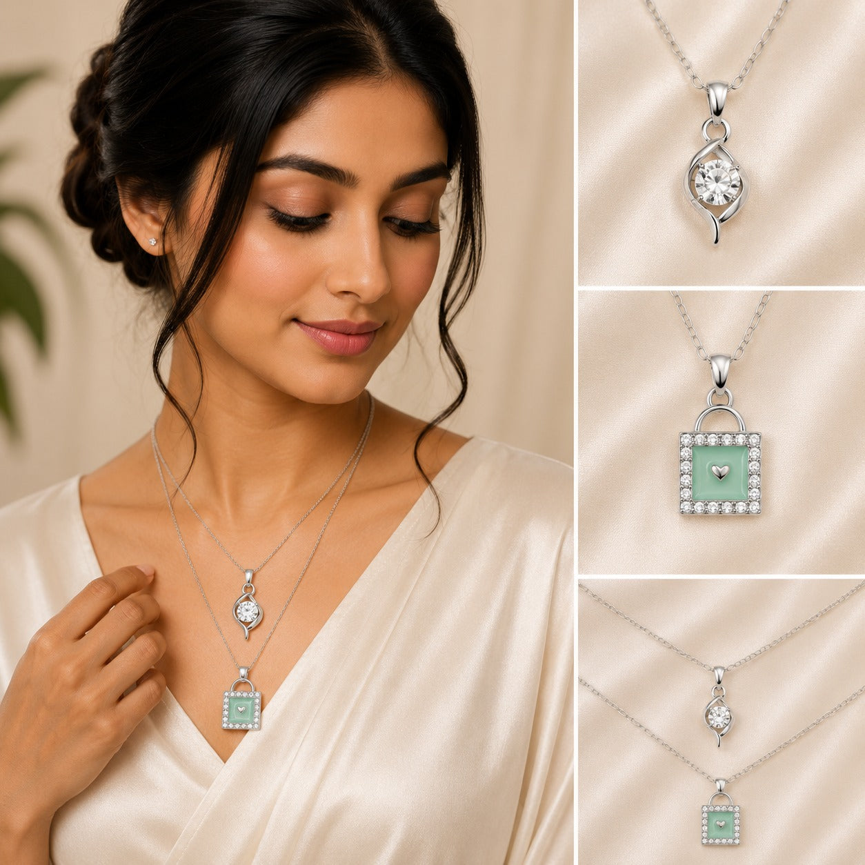 Double layered silver chain necklace with a modern wishbone split pendant holding a round cut crystal.