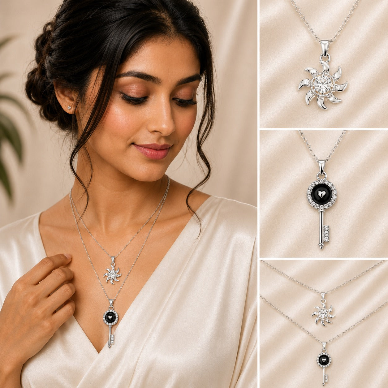 Double layer silver chain necklace with crystal sunburst and black heart key pendant.
