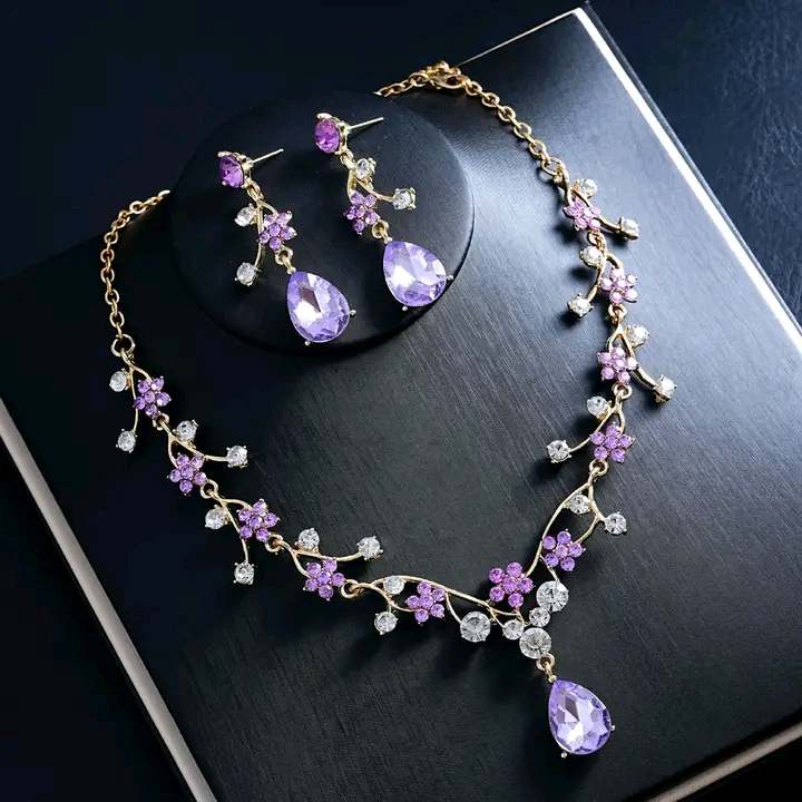 purple Rhinestone Floral Bridal Necklace and Earring Set