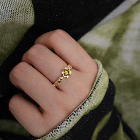 Vintage Gold Plated Olive Green Crystal Ring for Women