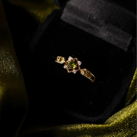 Vintage Gold Plated Olive Green Crystal Ring for Women