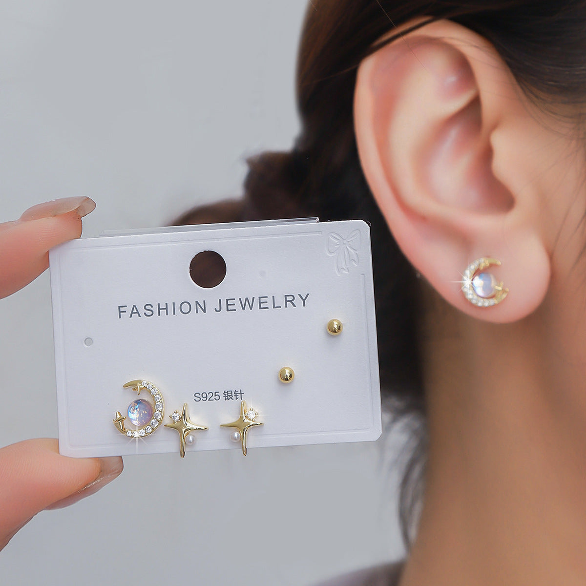 Silver needle stud earrings set for women