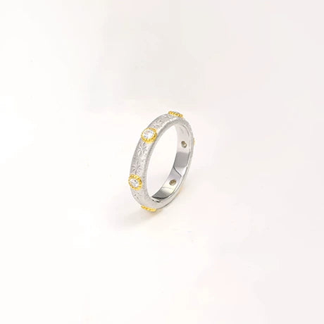 Elegant Two Tone Textured Band Ring with Golden Zircon Accents