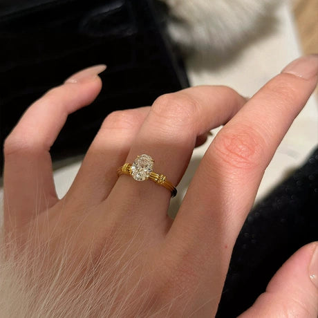 Luxury Gold Plated Oval Cut Zircon Solitaire Ring for Women