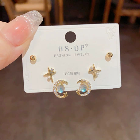 Silver needle stud earrings set for women
