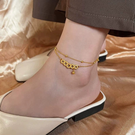 Elegant double-layer gold anklet with geometric charms for women fashion accessory