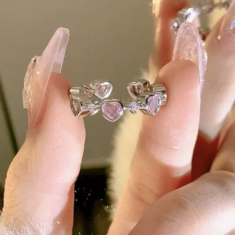 Dainty Pink and White Crystal Heart Eternity Ring