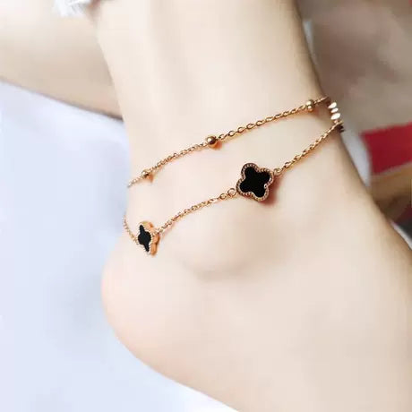 Elegant Golden Four-Leaf Clover Layered Anklet with Beads