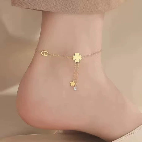 Dainty Gold Plated Lucky Charm Anklet with Clover, Star, and Crystal Dangles