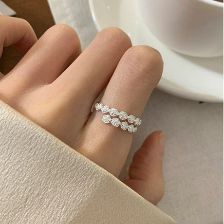 Vintage Brushed Silver Open Band Flower Ring