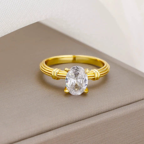 Luxury Gold Plated Oval Cut Zircon Solitaire Ring for Women