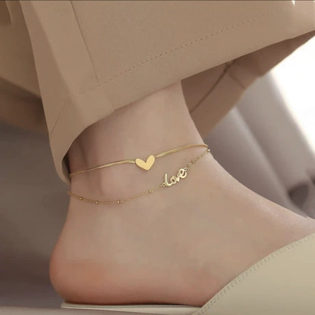 Minimal gold anklet with heart charm and love lettering design for women