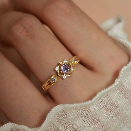 Elegant gold plated crown ring with light purple zircon crystal gemstones