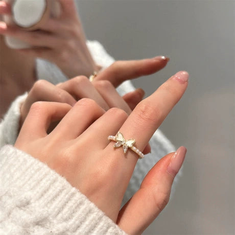 Gold Pearl Butterfly Charm Ring