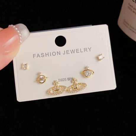 Summer New Style Micro-Inlaid Zircon Saturn Three-Piece Earring Set